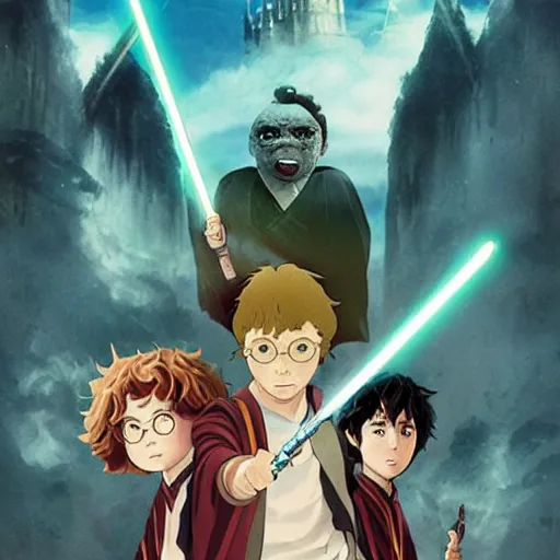 Image similar to poster for a film fantasy japanese animation called harry potter, a new hope, 8 k, hd, dustin nguyen, akihiko yoshida, greg tocchini, greg rutkowski, cliff chiang