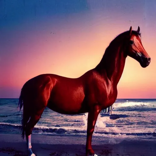 Prompt: epic glorious war horse on the beautiful beach during sunset, david lachapelle, old photo, vintage