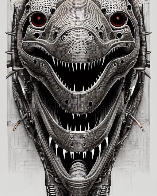 Image similar to intricate mechanical robot trex dinosaur head, transformer, symmetrical illustration, bold line symmetrical illustration by peter gric, hr giger, kim jung gi, joe fenton, scifi, screen print, trending on art station, sharp, high contrast, ultrafine hyper detailed, hd,