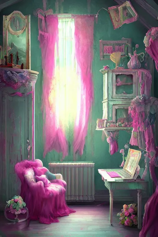 Image similar to matte sharp painting shabby chic room with windows james gurney, artgerm, lisa frank, artstation behance storybook