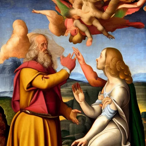 Image similar to the creation of adam but with jim henson and kermit the frog, renaissance style, heavenly, cosmic, god rays, intricate detail, 8 k,