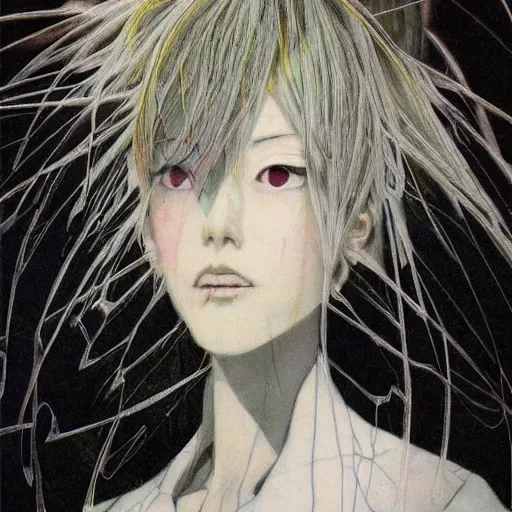 Image similar to yoshitaka amano blurred and dreamy realistic portrait of a woman with black eyes and white hair wearing dress suit with tie, junji ito abstract patterns in the background, satoshi kon anime, noisy film grain effect, highly detailed, renaissance oil painting, weird portrait angle, blurred lost edges, three quarter view