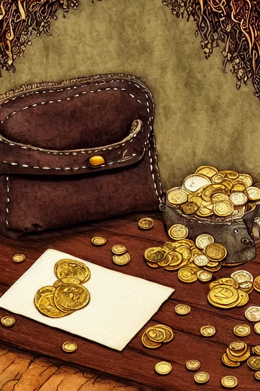 Prompt: leather pouch and scattered gold coins on a wooden table with cozy fireplace in the background, warm lighting, fantasy, intricate, elegant, highly detailed, digital painting, artstation, concept art, matte, sharp focus, illustration, art by kay nielsen and walter crane, illustration style, watercolor