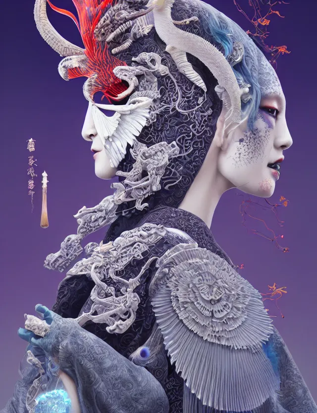 Image similar to 3 d goddess in robe close - up profile portrait with ram skull. beautiful intricately detailed japanese crow kitsune mask and clasical japanese kimono. betta fish, jellyfish phoenix, bio luminescent, plasma, ice, water, wind, creature, artwork by tooth wu and wlop and beeple and greg rutkowski