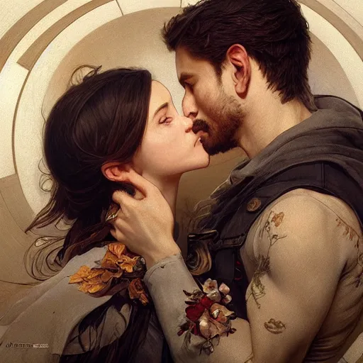 Prompt: portrait painting of couple kissing, ultra realistic, concept art, intricate details, eerie, highly detailed, photorealistic, octane render, 8 k, unreal engine. art by artgerm and greg rutkowski and alphonse mucha