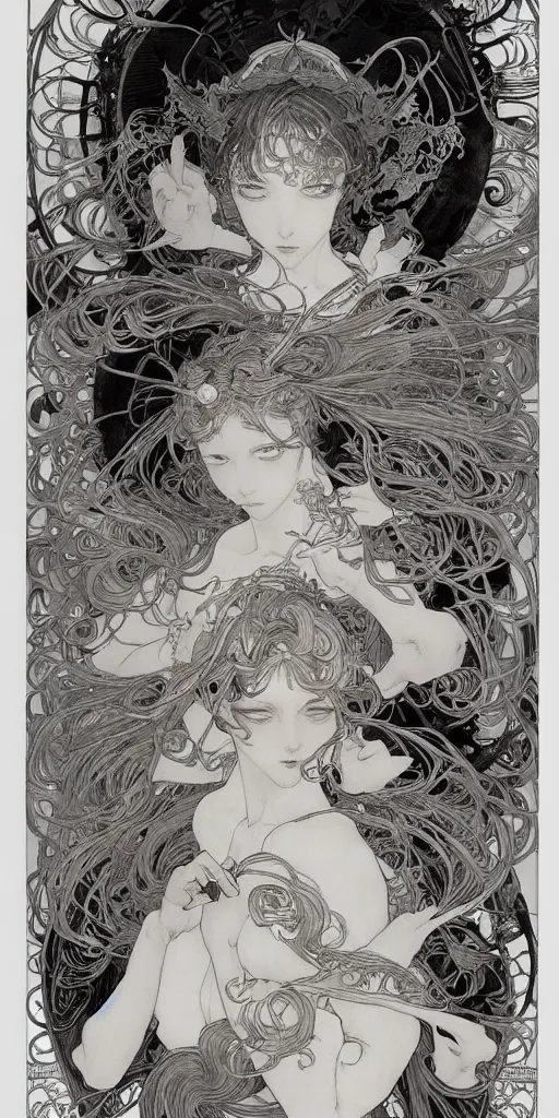 Image similar to yoshitaka amano anime painting, intricate line drawings, pen and ink, alphonse mucha, claire wendling, kentaro miura, ruan jia