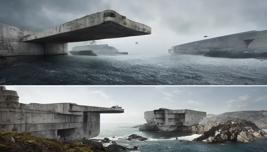 Prompt: coastal perched on a cliff overlooking a magnificient bay, bond villain base, brutalist imperial military base, drawing architecture, imperial architecture in rogue one, pritzker architecture prize, brutalism architecture, jan urschel, greig fraser
