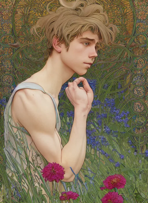 Image similar to book cover, pretty young man with shoulder length blond hair, male, half body shot, flower pattern background, path traced, highly detailed, high quality, digital painting, by studio ghibli and alphonse mucha, leesha hannigan, hidari, art nouveau, chiho aoshima, jules bastien - lepage