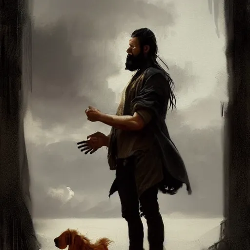 Prompt: a beautiful painting dramatic portrait of a young man with long hair tied in a bun and black beard holding a jack russell by greg rutkowski, featured on artstation