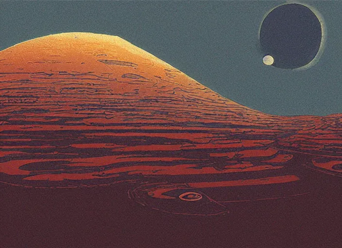 Image similar to Flat illustration of an alien landscape, concept art, Jean Giraud