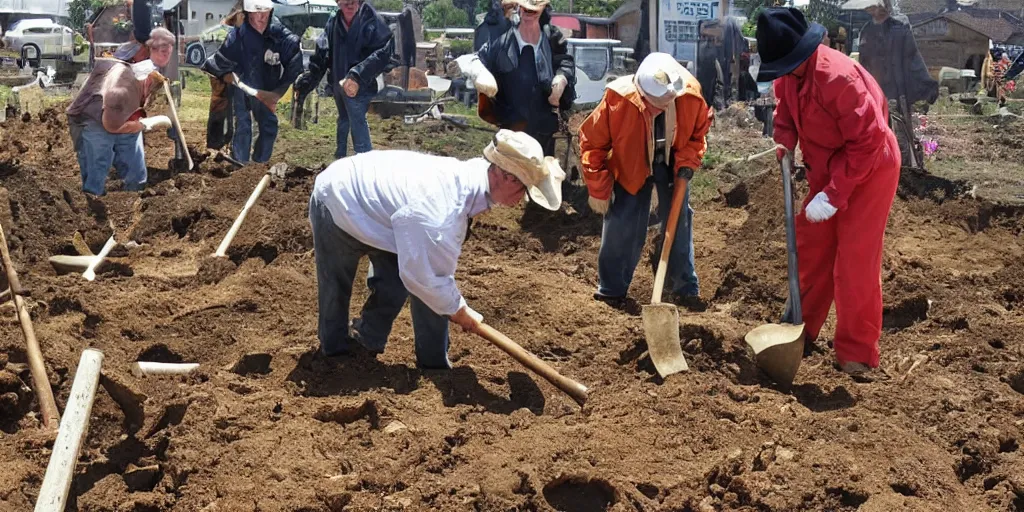 Prompt: torch wielding town folk digging up a grave