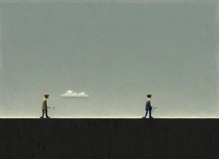 Image similar to walking on a very thin ledge, painting by quint buchholz and ray caesar, muted colors, gray, dull, boring, low energy, pale blue faces, very detailed, very coherent