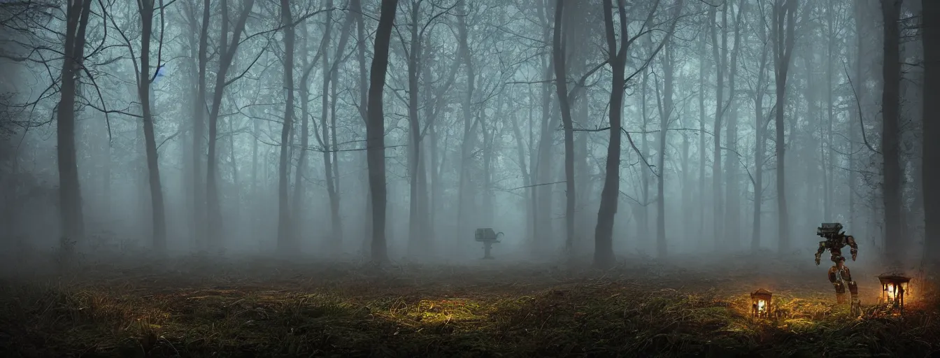 Prompt: creepy rusty robots hunting humans in dark foggy old forest in the night, postapo, dystopia style, heavy rain, reflections, high detail, dramatic moment, motion blur, dense ground fog, dark atmosphere, saturated colors, by darek zabrocki, render in unreal engine - h 7 0 4