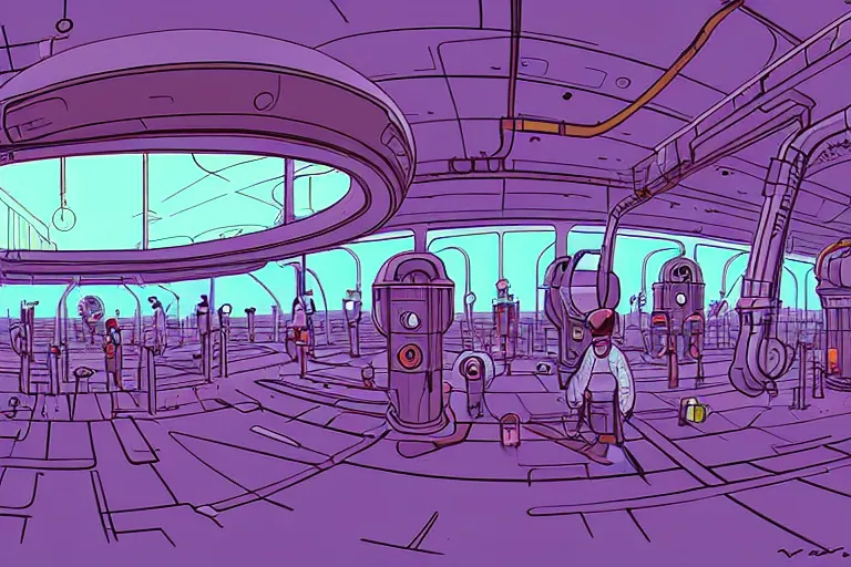 Prompt: a scifi illustration, factory interior. top down fisheye view. vats of fluid. and many workers. flat colors, limited palette in FANTASTIC PLANET La planète sauvage animation by René Laloux