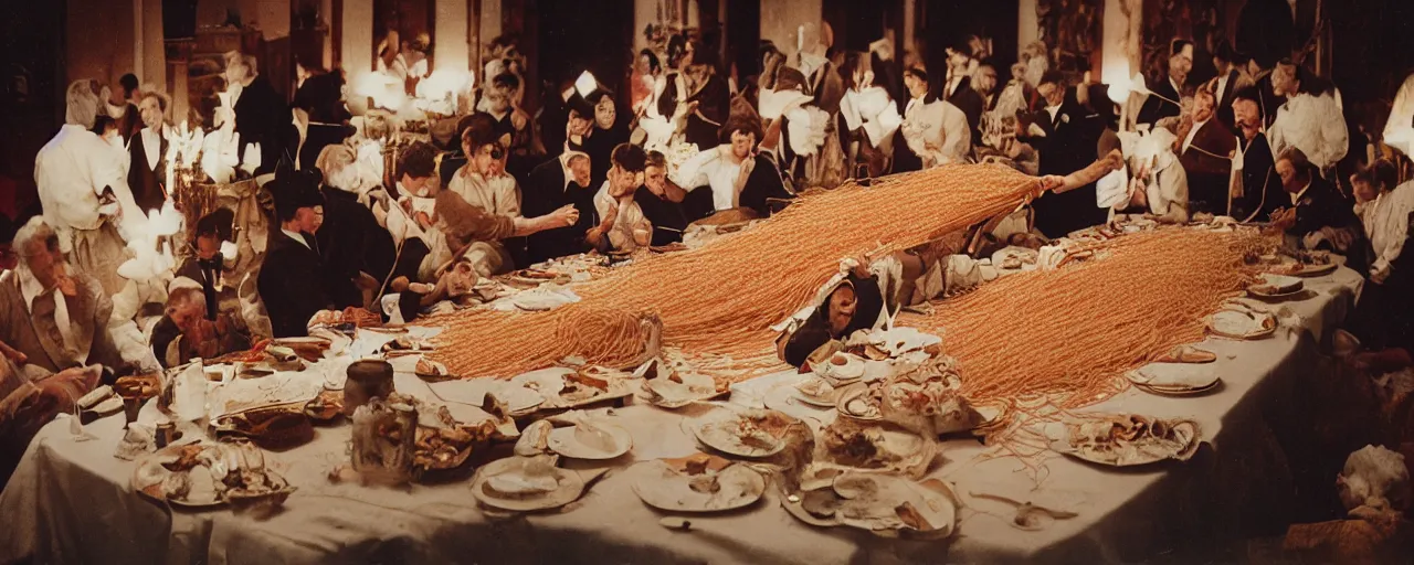 Image similar to a long banquet table covered in spaghetti, victorian era, ravenous guests, canon 5 0 mm, cinematic lighting, photography, retro, film, kodachrome, closeup