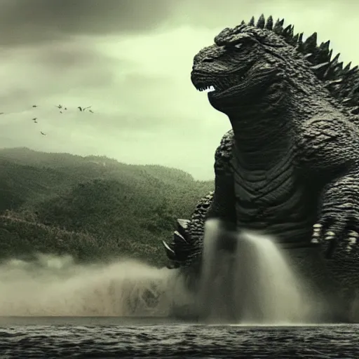 Image similar to candid photo of godzilla sitting on a gigantic toilet