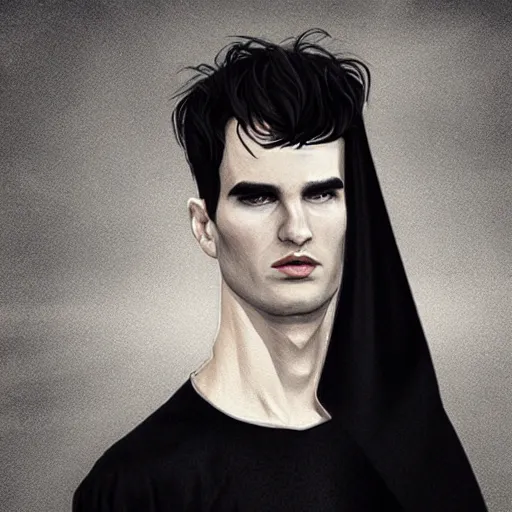 Prompt: well - shaven tom sturridge, black outfit, cape, in the style of tom bagshaw, sandman, misty endless dream cinematic background, netflix sandman