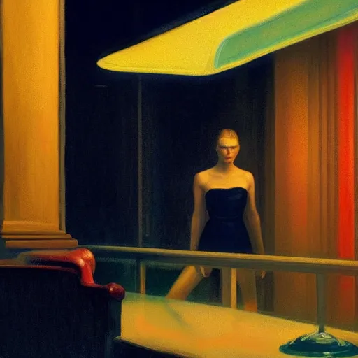 Prompt: silhouette of Elle Fanning in the world of Edward Hopper, stormy weather, extremely detailed masterpiece, oil on canvas, low-key neon lighting, artstation, Blade Runner 2049, Roger Deakin’s cinematography, by J. C. Leyendecker and Peter Paul Rubens,