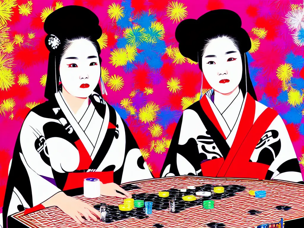 Image similar to hyperrealistic composition of the detailed woman in a japanese kimono sitting at a poker table with detailed darth vader, fireworks, beautiful mountain in the background, pop - art style, jacky tsai style, andy warhol style, acrylic on canvas