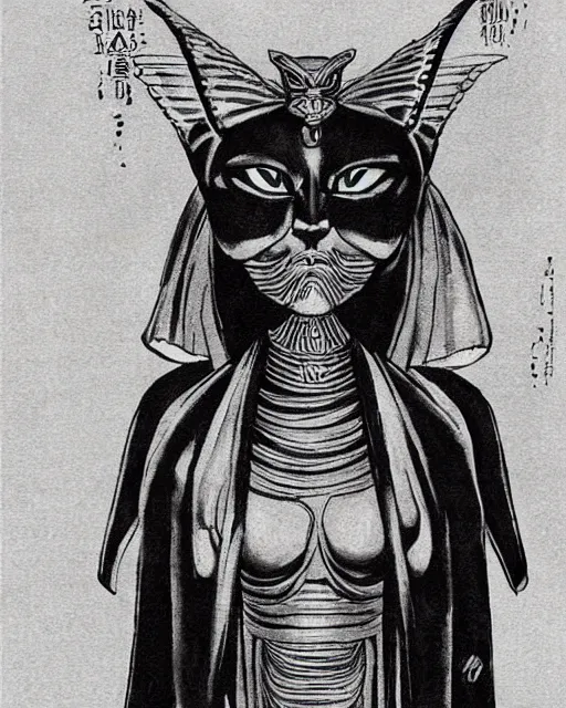 Prompt: sphinx black cat wearing egyptian clothes, artwork by kentaro miura, pharaoh cat, kentaro miura art