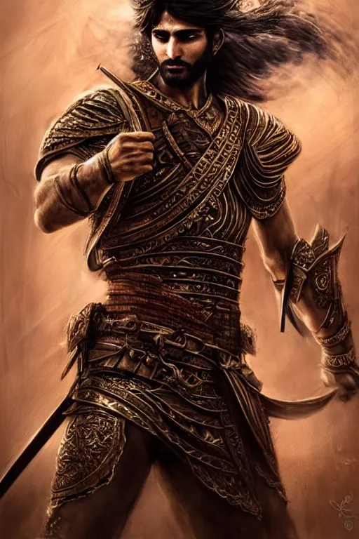 Prompt: portrait of a Persian Prince fighting at war, warrior, brutal battle, handsome prince of persia, attractive young man, heroic pose, persian style architecture, dramatic lighting, dark and horror, action and tragedy, dust and blood, intricate, wild, highly detailed, digital painting, artstation, concept art, smooth, sharp focus, illustration, art by artgerm and greg rutkowski and alphonse mucha, footage from space camera