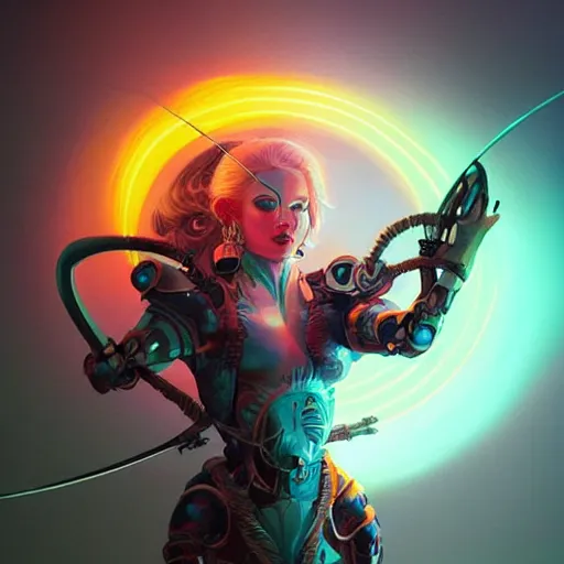 Image similar to portrait of an astonishing beautiful futuristic robot archer, glowing neon bow, realistic, artgerm and peter mohrbacher style, 4k