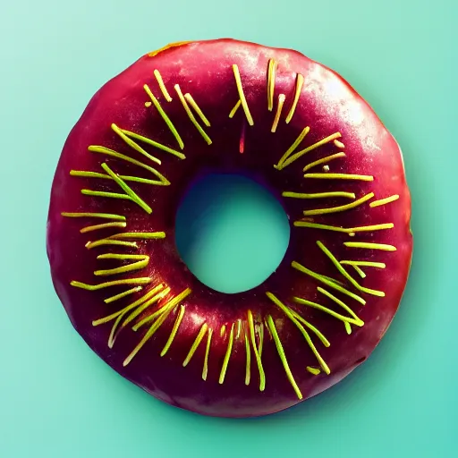 Prompt: Perfectly circular donut!!!!! in the style and shape of a rambutan!!!!!!, blended colors!!!!!, trending on artstation, 4k, 8k, professional photography, overhead shot, 35mm lens