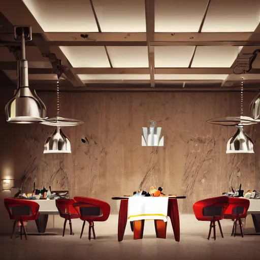 Image similar to three large kuka industrial robot arms on the floor around a dinner table, they are having dinner inside a fine dining restaurant with mid century modern furniture and decor, global illumination, artstation, fantasy