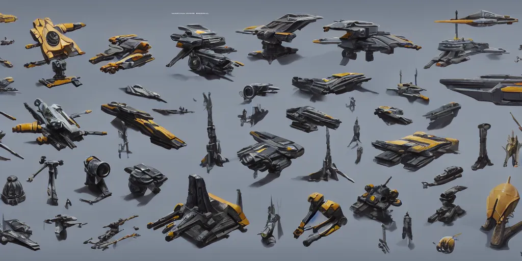 Image similar to futuristic sci - fi props and gadget, hard surface, collection, kitbash, parts, shape and form, in watercolor gouache detailed paintings, star citizen, modular, pieces, golden ratio, mobius, weapon, guns, destiny, big medium small, insanely details, wes anderson, bungie, star wars