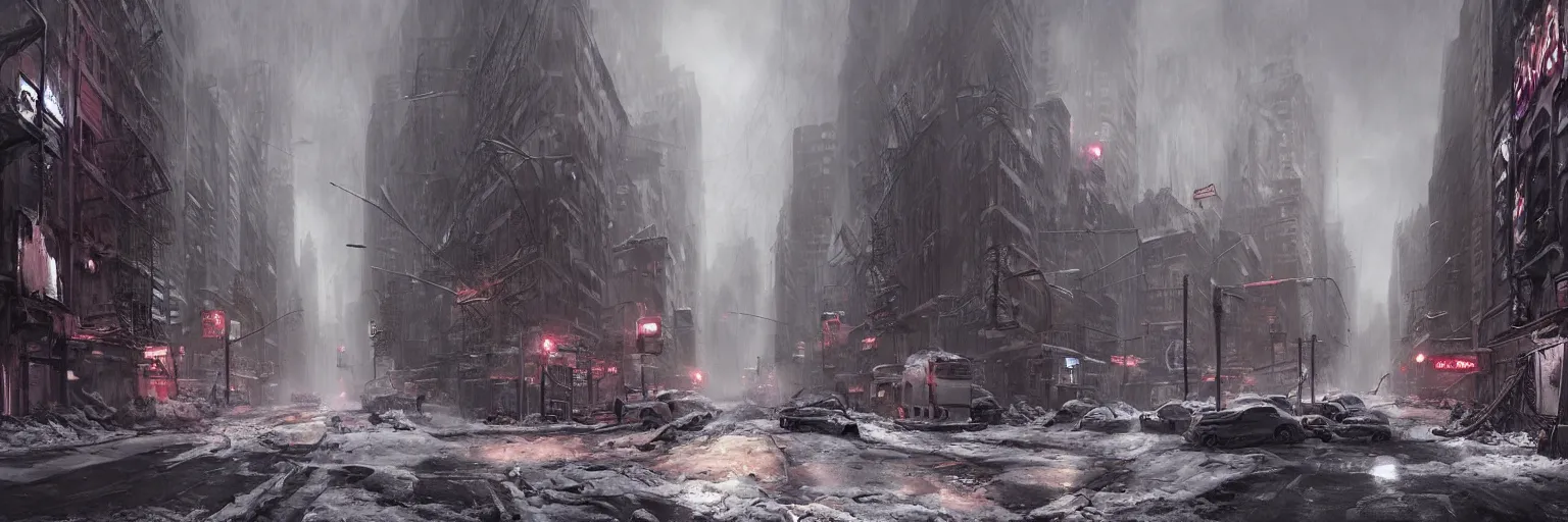 Image similar to Street in post apocalyptic Manhattan new york after a Blizzard, snow Storm, dramatic lighting, cinematic, establishing shot, extremly high detail, photo realistic, cinematic lighting, post processed, concept art, artstation, matte painting, style by eddie mendoza, raphael lacoste, alex ross