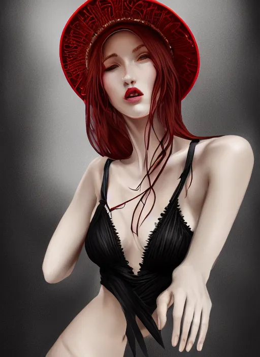 Image similar to a highly detailed illustration of tall beautiful red haired lady wearing black spaghetti strap noir style dress and sun hat, elegant stroking face pose, intricate, elegant, highly detailed, centered, digital painting, artstation, concept art, smooth, sharp focus, league of legends concept art, wlop.