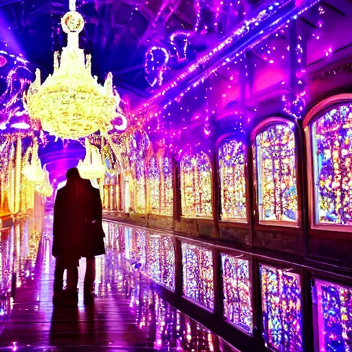 Prompt: crystal palace, magical, fantasy, glowy, light, prince and princess