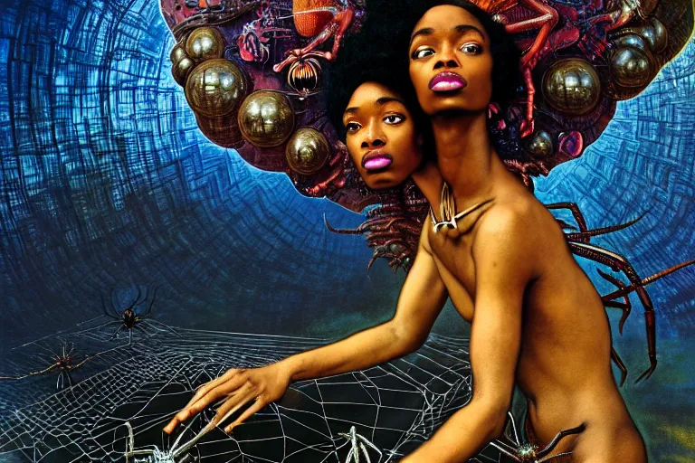 Image similar to realistic detailed closeup portrait movie shot of a beautiful black woman riding a giant spider, dystopian city landscape background by denis villeneuve, amano, yves tanguy, alphonse mucha, max ernst, kehinde wiley, ernst haeckel, caravaggio, roger dean, cyber necklace, rich moody colours, sci fi patterns, wide angle