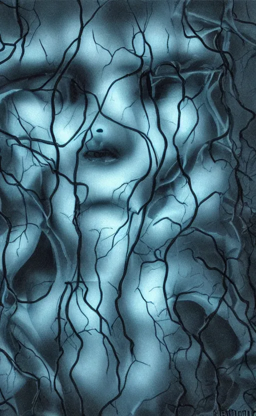 Image similar to blue vines in a dark cave forming a human face, creepy, extreme detail