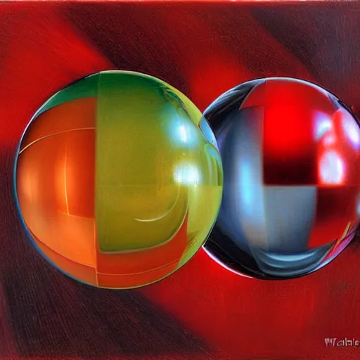 Prompt: chrome spheres on a red cube by william bliss baker