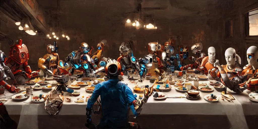 Prompt: robots sitting at a table in the style of the last supper, sci - fi, detailed, beautiful composition, masterpiece, artstation