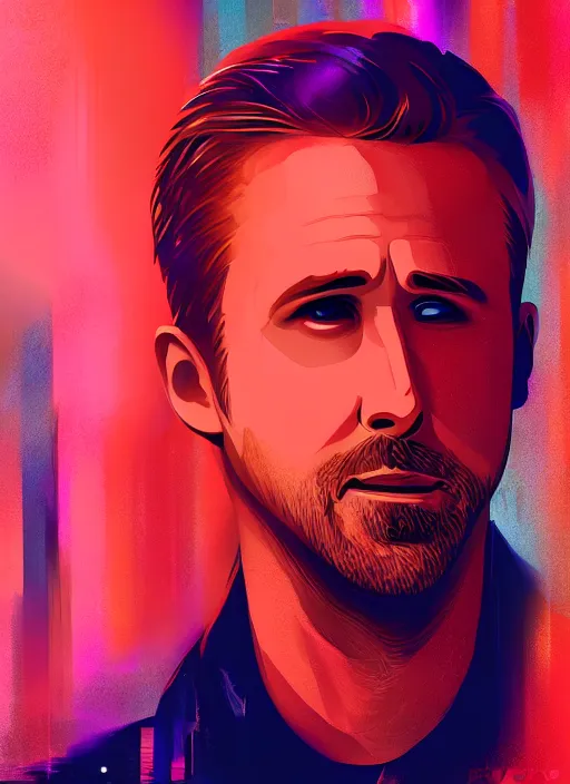 Image similar to ryan gosling in blade runner 2 0 4 9 portrait illustrated by rossdraws, vivid colors, soft lighting, bloom, digital artwork 4 k, best of artstation