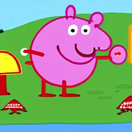 Image similar to An episode of Peppa Pig where Peppa Pig survives to a nuclear mushroom. The entire city is destroyed