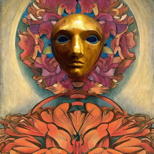 Prompt: masterpiece painting of a facemask made of stylized flowers, by annie swynnerton and jean delville and tino rodriguez and john watkiss and rufino tamayo, flower mask, art deco shaman, symbolist, dramatic lighting, god rays, elaborate geometric ornament, modern realism, clean crisp graphics, soft cool colors, smooth, sharp focus, extremely detailed