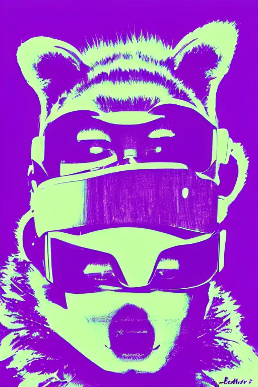 Image similar to Memphis abstract minimal art, purple stelar raccoon inspired by Andy Warhol and Daft Punk