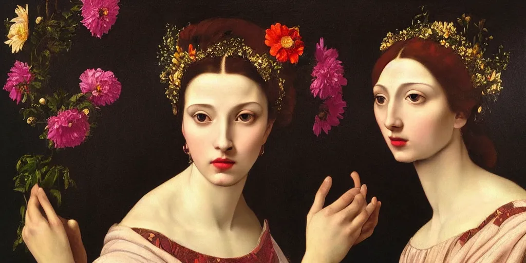 Image similar to a portrait of a very beautiful goddess with a halo behind her head, seductively looking in front, closeup, beautiful aesthetic face, in the style of Caravaggio and Vermeer and Gustav Klimt, realistic, dark, dramatic lighting, large flowers in the background