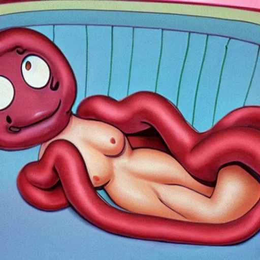 Image similar to a female anthropomorphic intestine in a bathtub, children's television show, 1974, technicolor