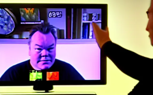 Image similar to Stewart Lee playing Counter Strike, gameplay footage with facecam in the bottom right