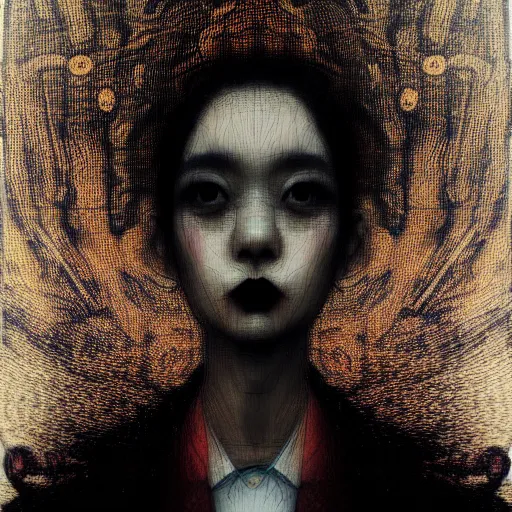 Image similar to yoshitaka amano blurred and dreamy three quarter angle portrait of a young woman with black lipstick and black eyes looking up and to the side wearing dress suit with tie, junji ito abstract patterns in the background, satoshi kon anime, noisy film grain effect, highly detailed, renaissance oil painting, weird portrait angle, blurred lost edges