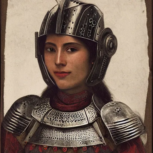 Prompt: head and shoulders portrait of a female knight, quechua!, lorica segmentata, roman!, cuirass, tonalist, symbolist, realistic, ambrotype, baroque, detailed, modeled lighting, vignetting, indigo and venetian red, angular, smiling, eagle