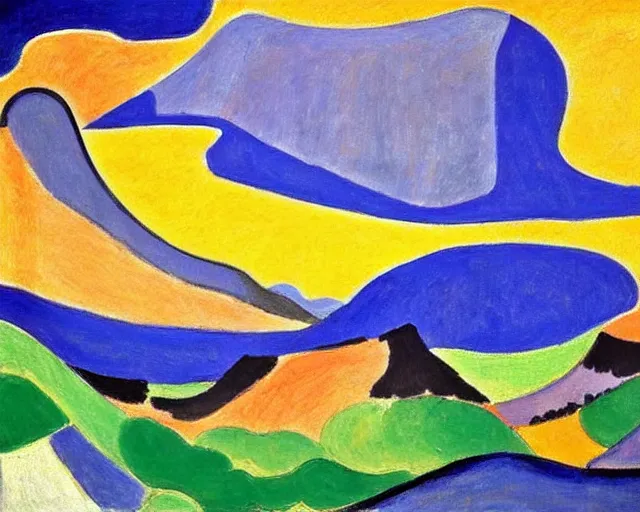 Image similar to Matisse landscape painting. Insane, modernist. Wild energy patterns rippling in all directions. Curves, organic, zig-zags. Saturated color. Mountains. Clouds. Waves. Rushing rivers.