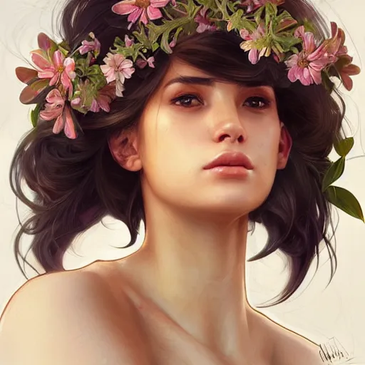 Prompt: Instagram Model with flowers in her hair, olive skin, long dark hair, beautiful bone structure, intricate, elegant, highly detailed, digital painting, artstation, concept art, smooth, sharp focus, illustration, art by artgerm and greg rutkowski and alphonse mucha