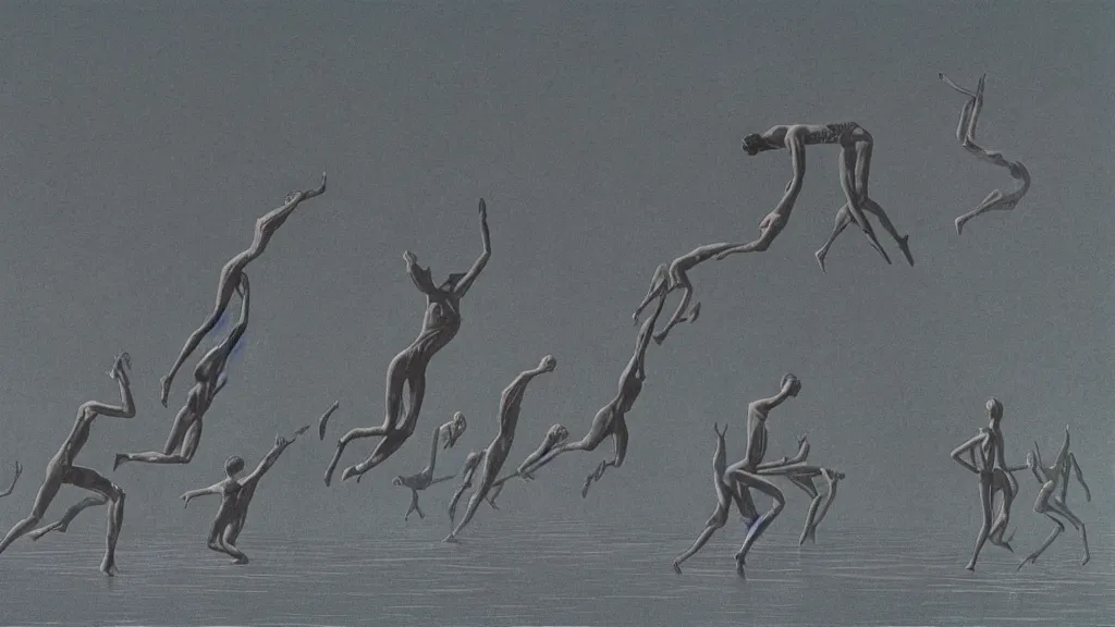 Prompt: A vintage scientific illustration from the 1970s of humans in a line endlessly jumping into a lake by Zdzisław Beksiński