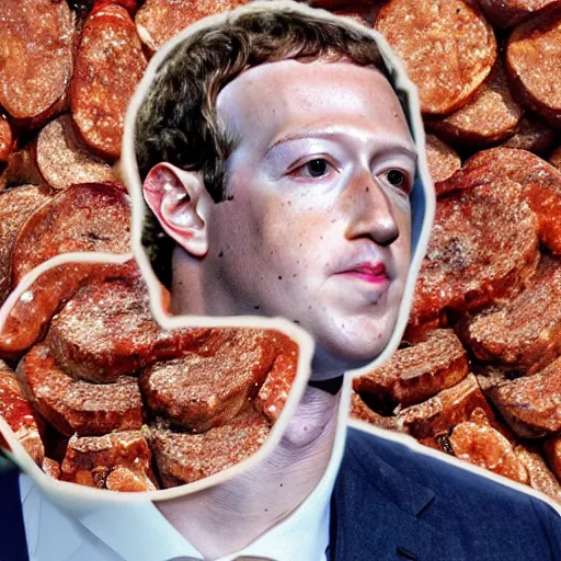 Prompt: mark zuckerberg made from sausages