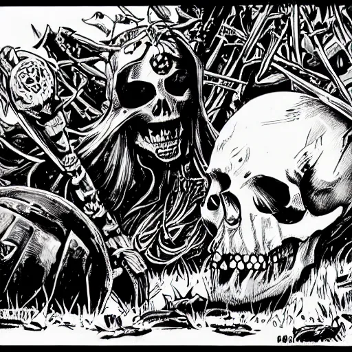 Prompt: precisely drawn illustration of black metal flail with a skull for a ball, wide angle, sharp, fine details, french comic style, vibrant realistic colors, full color, heroic fantasy, intense line art, 8 k, precise linework, realistic, in the style of heavy metal comics and richard corben and moebius